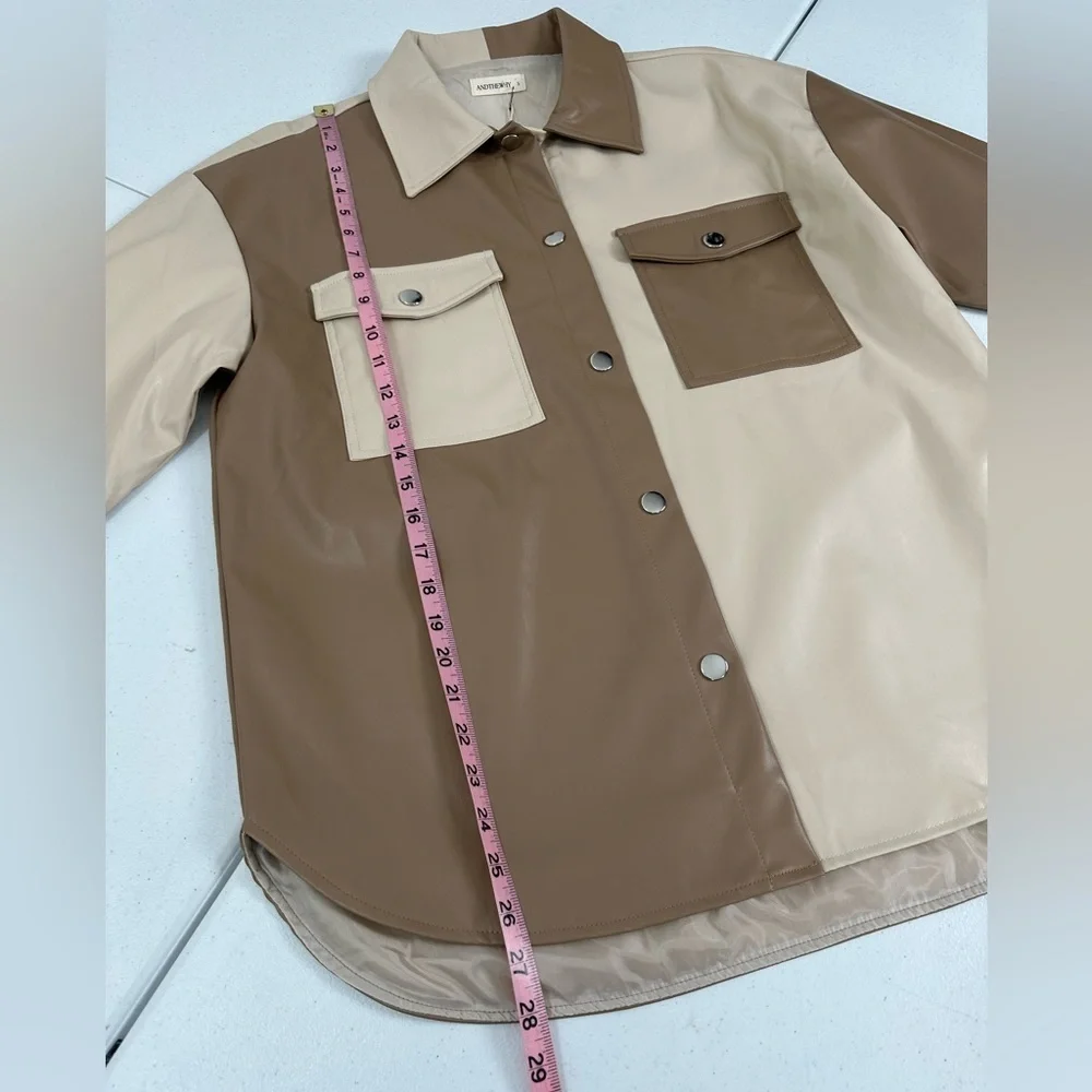 AndTheWhy Women's Colorblock Faux Leather Oversized Shacket Small Western